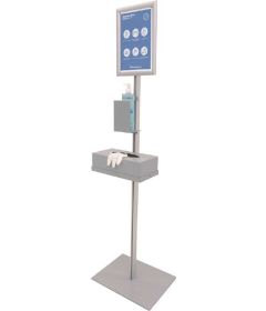 Soporte INFO, dispensador de gel antibacterial y guantes, 300 X 1500 mm, aluminio