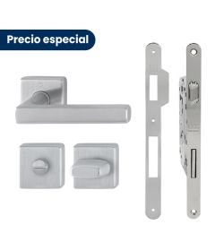 Kit de manijas DALLAS y cerradura PATENT GRANDE para puerta de baño, acabado inox mate
