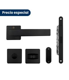 Kit de manija DALLAS y cerradura POLARIS para puerta de baño, acabado negro mate