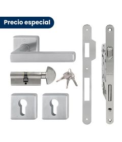 Kit de manijas DALLAS y cerradura PATENT GRANDE para puerta de recámara, acabado inox mate