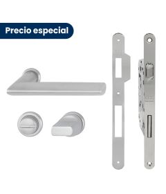 Kit de manijas STOCKHOLM y cerradura PATENT GRANDE para puerta de baño, acabado niquelado