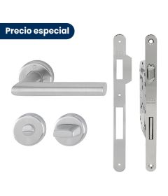 Kit de manija UTRECHT y cerradura PATENT GRANDE para puerta de baño, acabado inox mate
