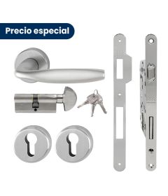Kit de manija NEW YORK y cerradura PATENT GRANDE para puerta de recámara, acabado inox mate