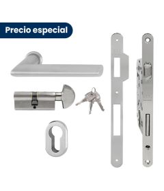 Kit de manija STOCKHOLM y cerradura PATENT GRANDE para puerta de recámara, acabado inox