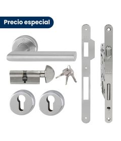 Kit de manija UTRECHT y cerradura PATENT GRANDE para puerta de recámara, acabado inox mate