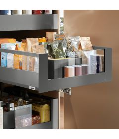 Cajón interior MERIVOBOX con galería y cristal frontal alto, altura E (192 mm), color gris orión mate